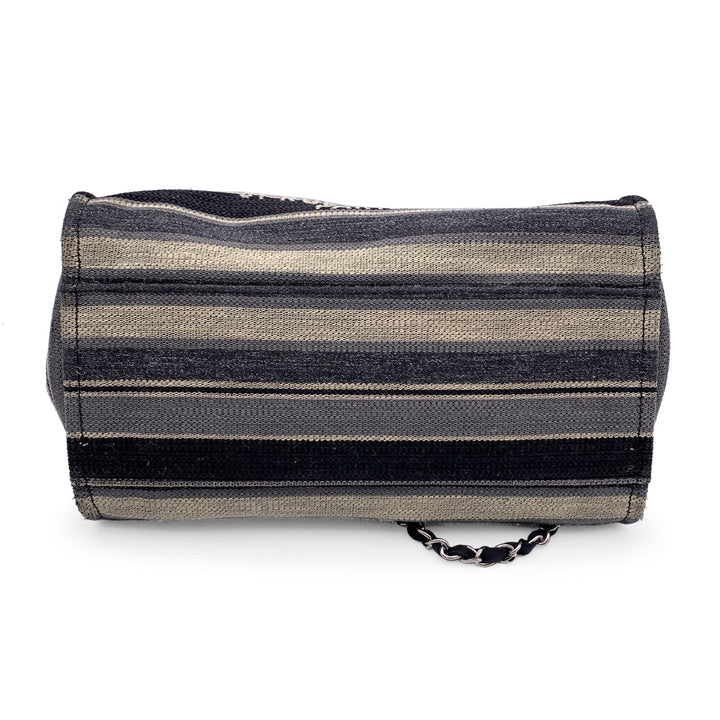 Chanel Black Grey Striped Canvas Medium Deauville Tote Bag