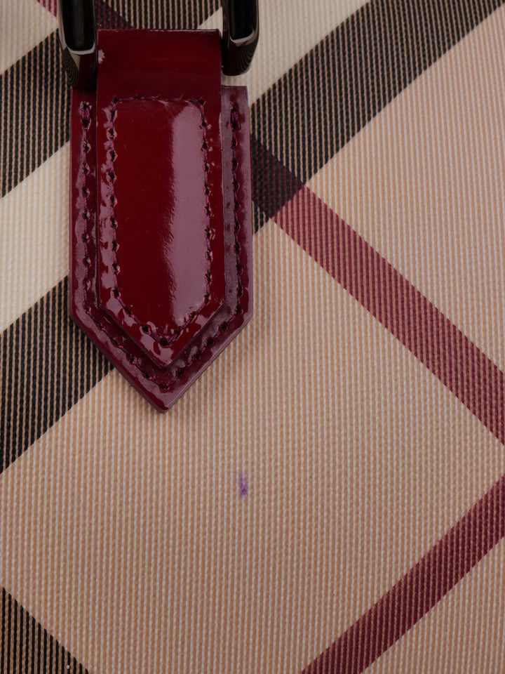Burberry Haymarket Boston Bag with Dark Red Patent Trim.