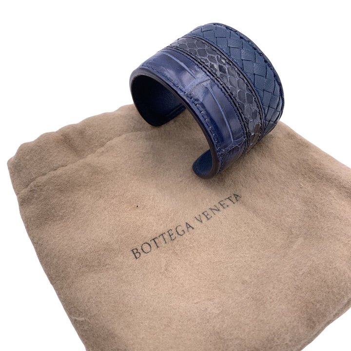 Bottega veneta Blue Leather Woven Wide Bracelet Cuff Size S
