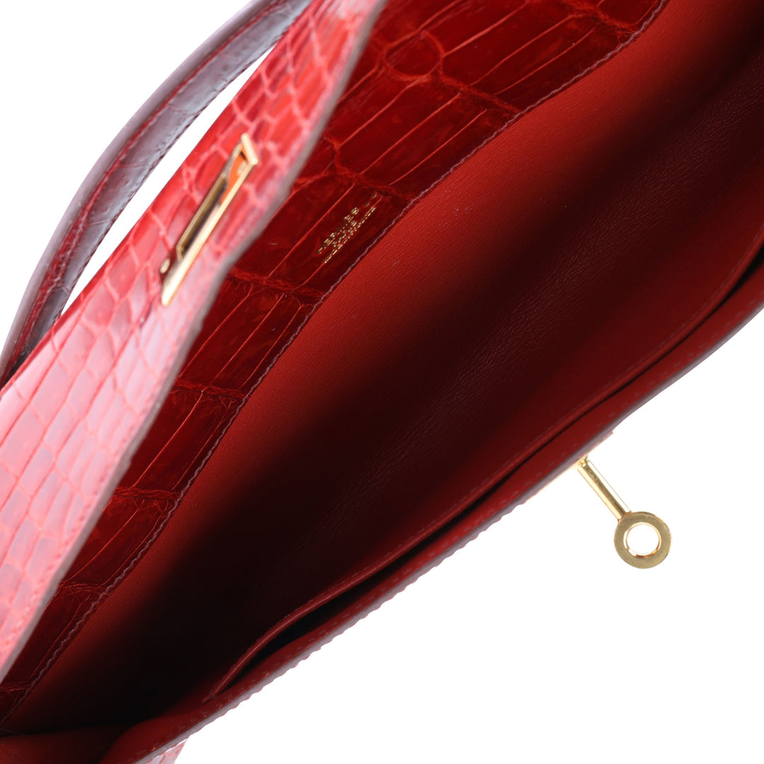 Premium Handmade Hermes Sanguine Shiny Niloticus Crocodile Kelly Cut GHW