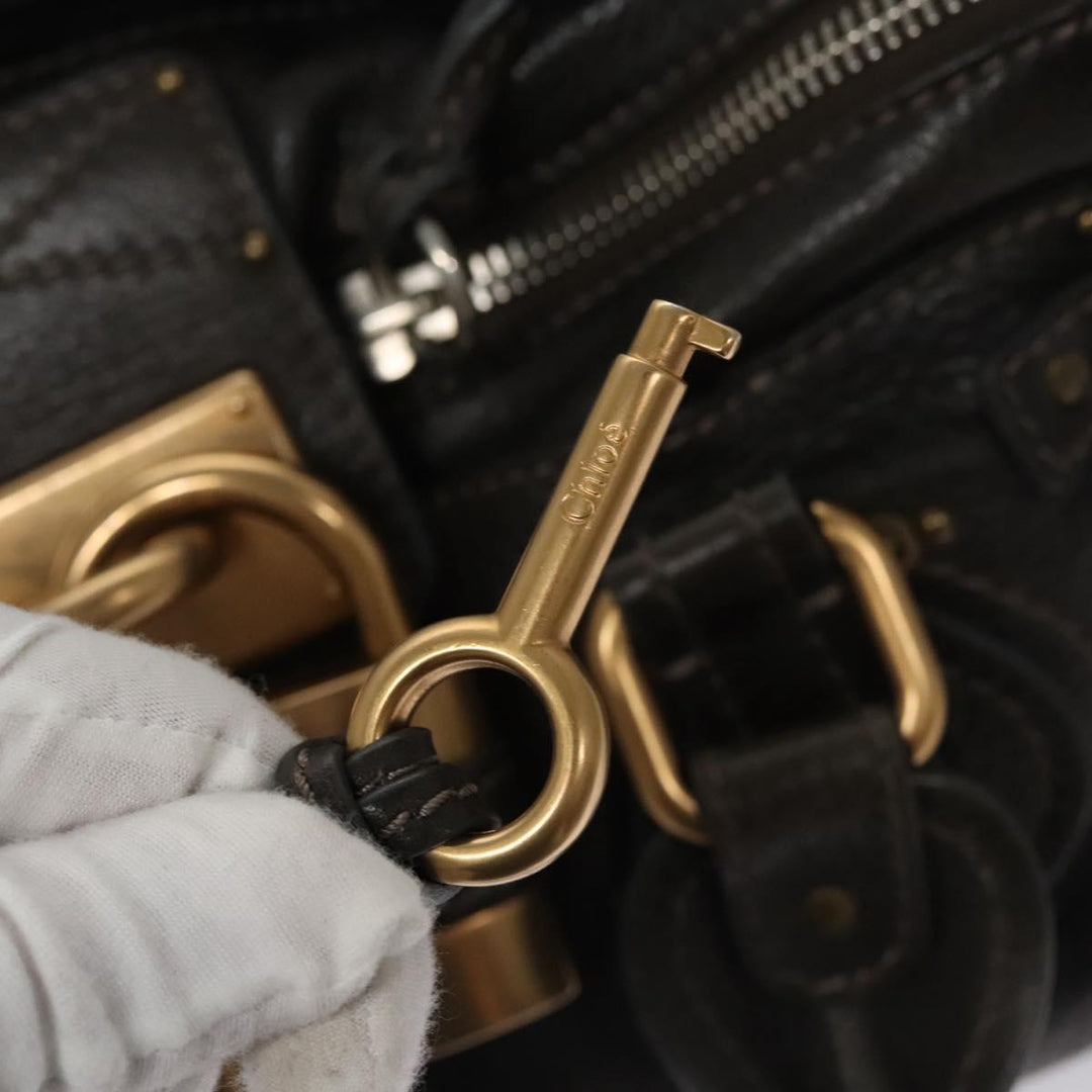 Chloe Paddington Hand Bag Leather Dark Brown Gold Silver 113775