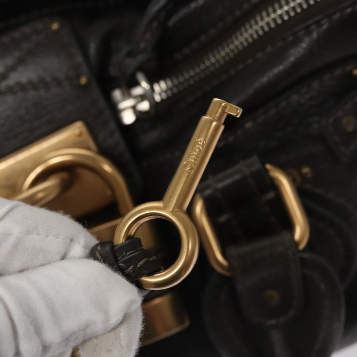 Chloe Paddington Hand Bag Leather Dark Brown Gold Silver 113775