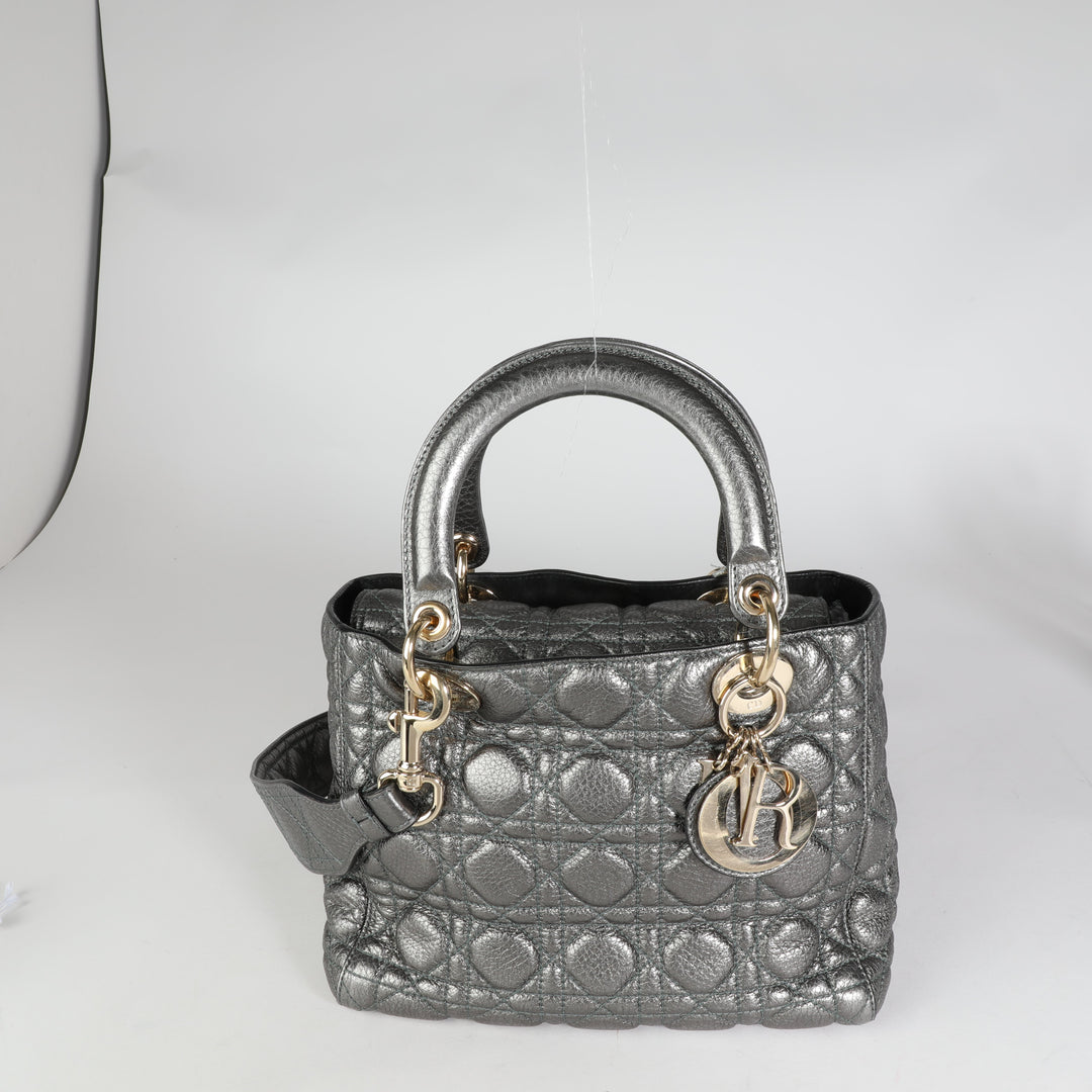 CHRISTIAN Top quality Dior Metallic Silver Supple Cannage Leather Medium Lady Top quality Dior Tote