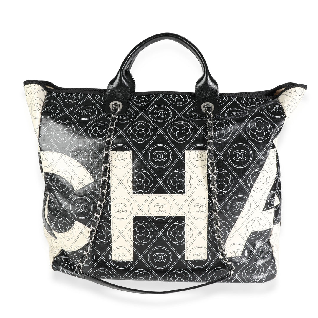 Chanel Black and Beige Coated Canvas and Leather Camellia & CC Print Shopper Tot