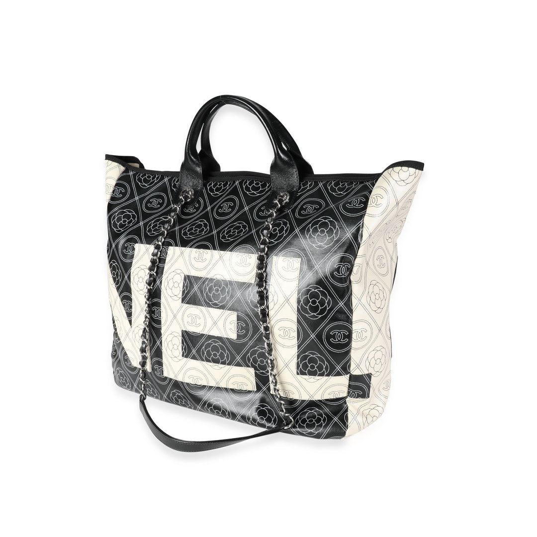 Chanel Black and Beige Coated Canvas and Leather Camellia & CC Print Shopper Tot
