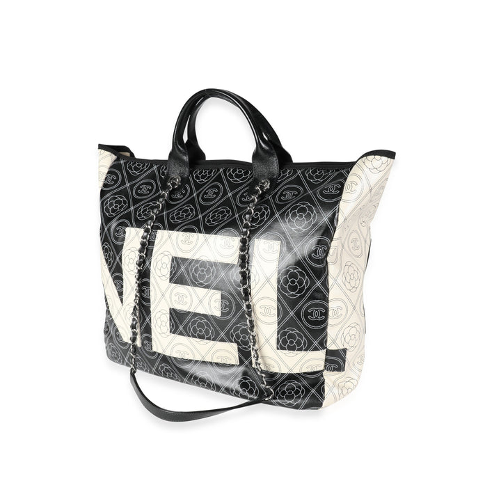 Chanel Black and Beige Coated Canvas and Leather Camellia & CC Print Shopper Tot