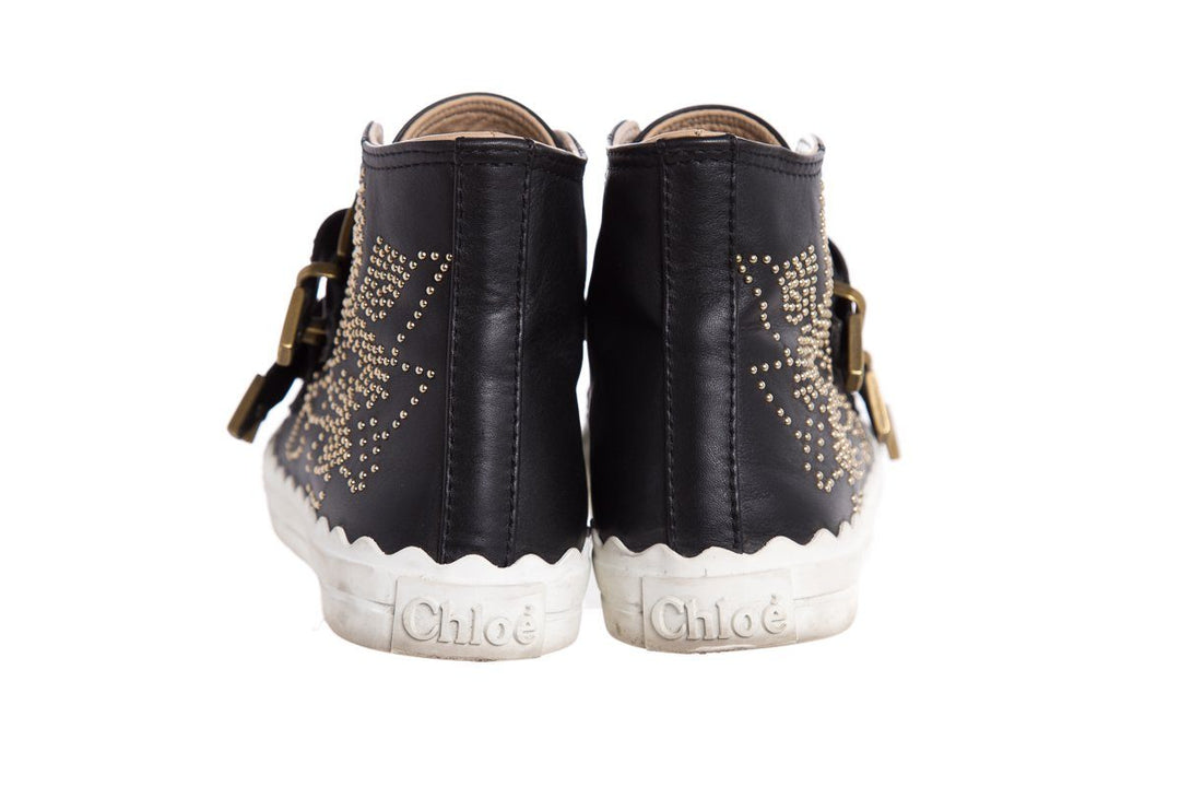 Chloé Black Leather Studded Buckle High-Top Sneakers SZ 37