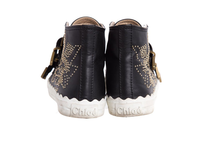 Chloé Black Leather Studded Buckle High-Top Sneakers SZ 37