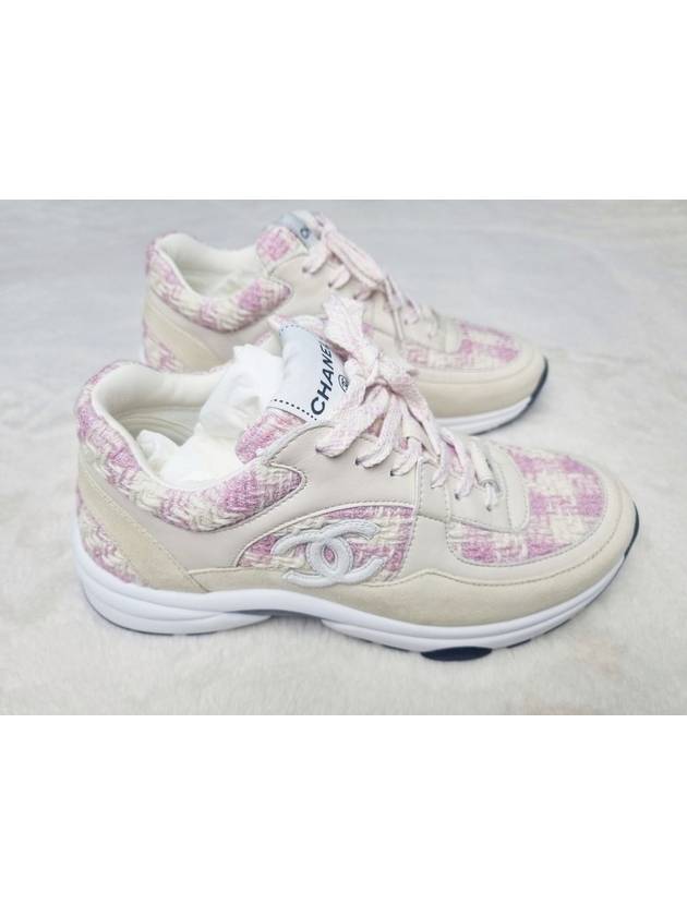 CC Logo Cotton Tweed Suede Calfskin Low Top Sneakers Pink Ecru Chanel