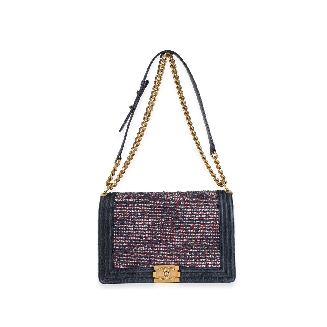 Chanel Blue Denim & Multicolor Boucle New Medium Boy Bag