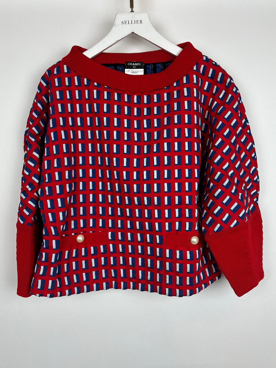 Top Quality Chanel SS13 Red Knit Jumper with Pearl Pockets & Blue and White Window Detail Size FR 36 (UK 8)