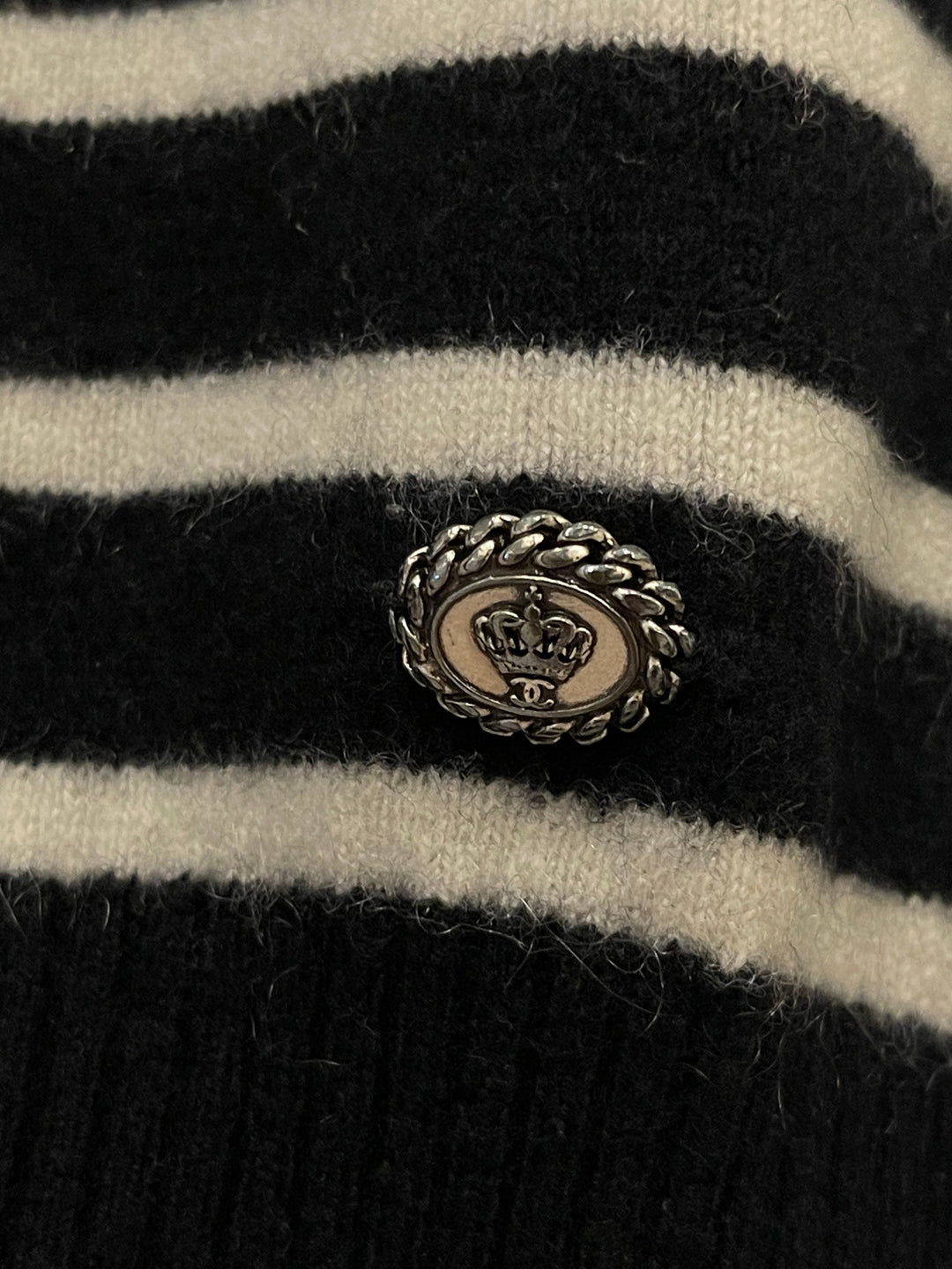Top Quality Chanel Black and White Striped Cashmere Jumper with Silver Detail Size FR 38 (UK 10)