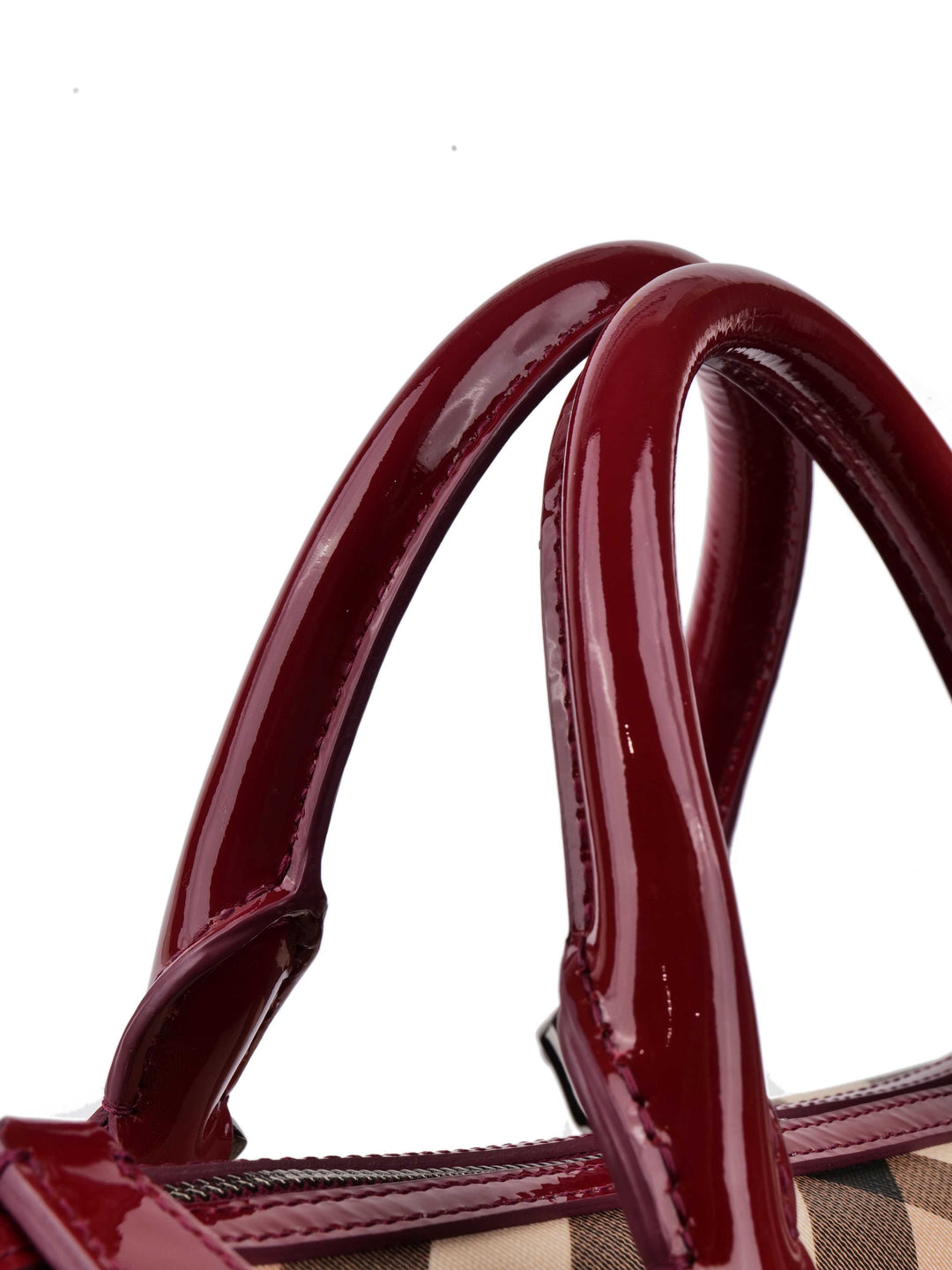 Burberry Haymarket Boston Bag with Dark Red Patent Trim.