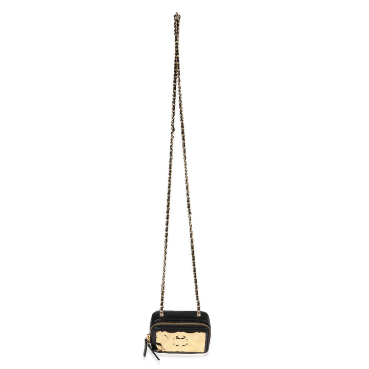 Chanel Gold Quilted Metal & Black Lambskin Mini Vanity Bag