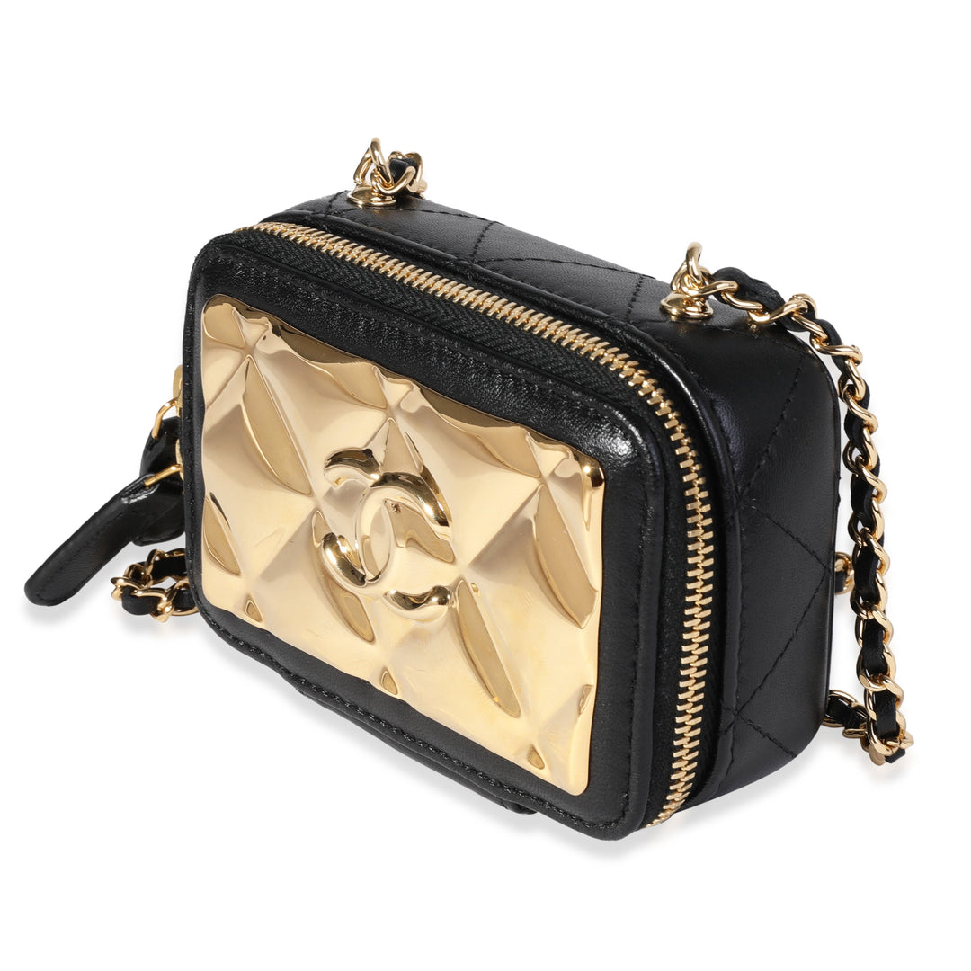 Top Quality Chanel Gold Quilted Metal & Black Lambskin Mini Vanity Bag