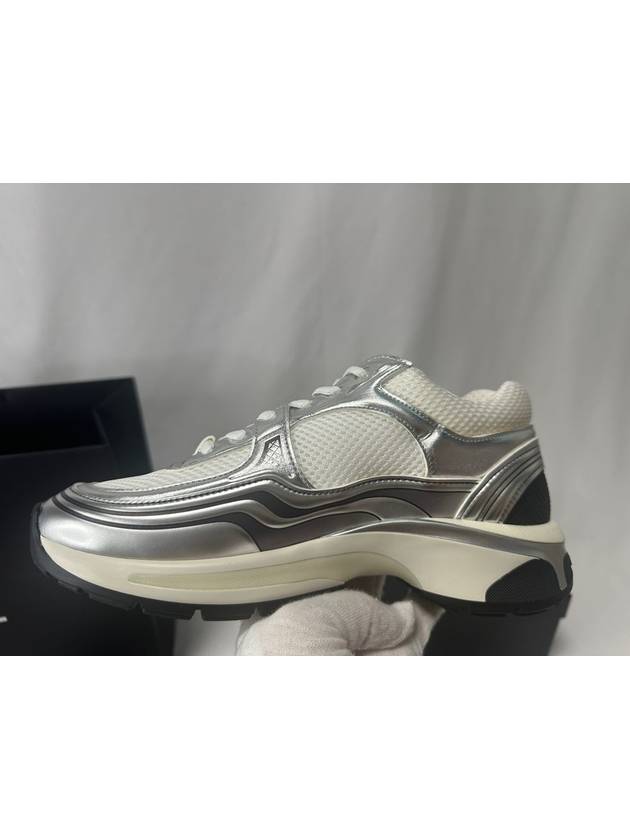 Fabric Laminated Low Top Sneakers Silver Chanel