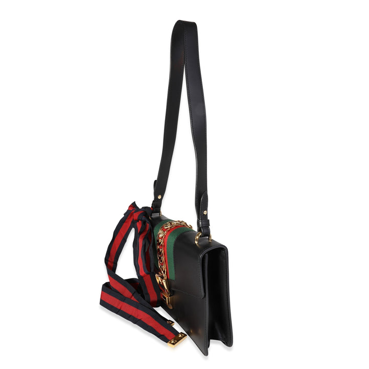 Gucci Black Smooth Leather & Web Small Sylvie Shoulder Bag