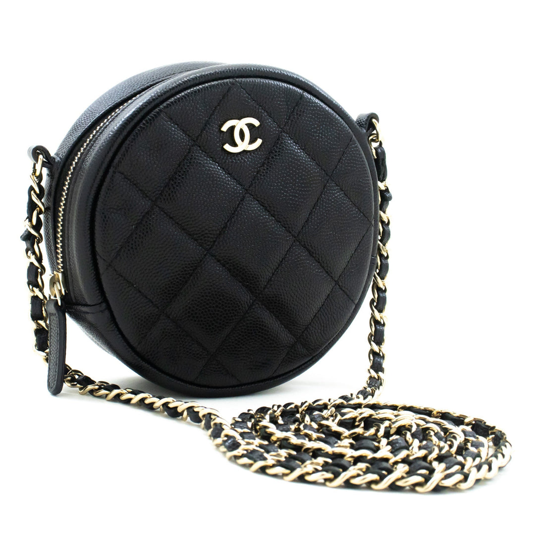 Chanel Round Zip Caviar Small Chain Shoulder Bag Black Quilted
