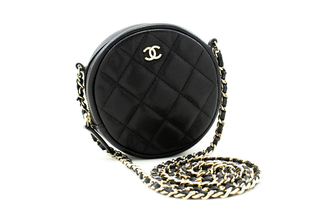 Chanel Round Zip Caviar Small Chain Shoulder Bag Black Quilted