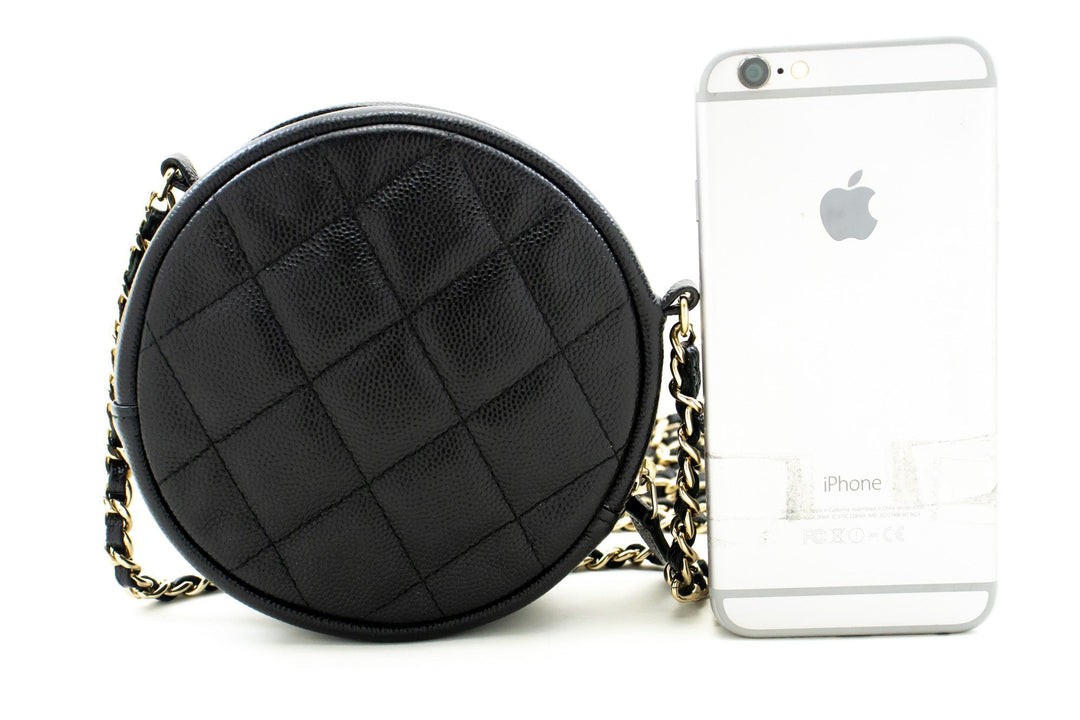 Chanel Round Zip Caviar Small Chain Shoulder Bag Black Quilted