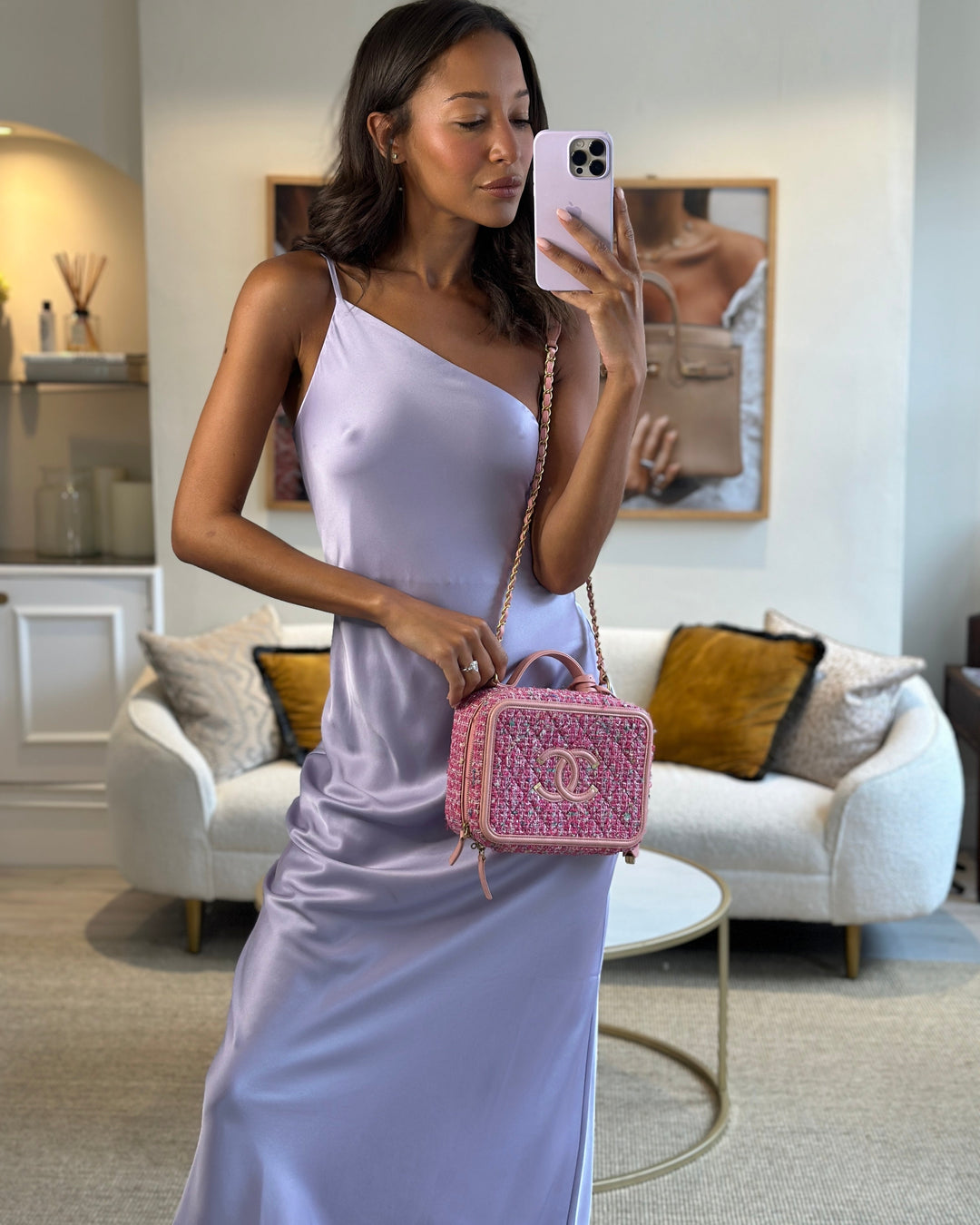 *SUPER HOT* Top Quality Chanel Pink Medium CC Filigree Vanity Case Bag in Tweed with Brushed Gold Hardware and Chain Detail