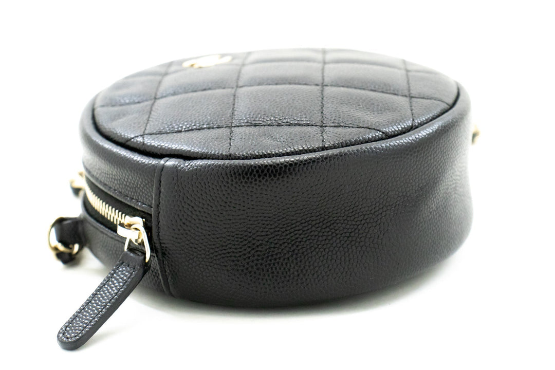 Chanel Round Zip Caviar Small Chain Shoulder Bag Black Quilted