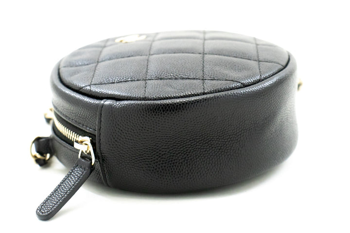 Chanel Round Zip Caviar Small Chain Shoulder Bag Black Quilted