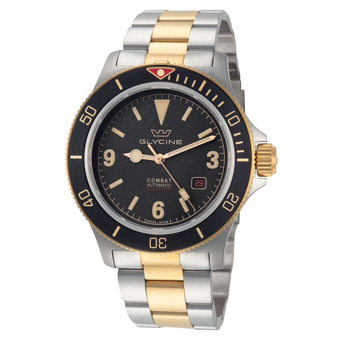 title:Glycine Men's GL0259 Combat Sub Vintage 42 42mm Automatic Watch;color:Black Dial Silver and Gold Band