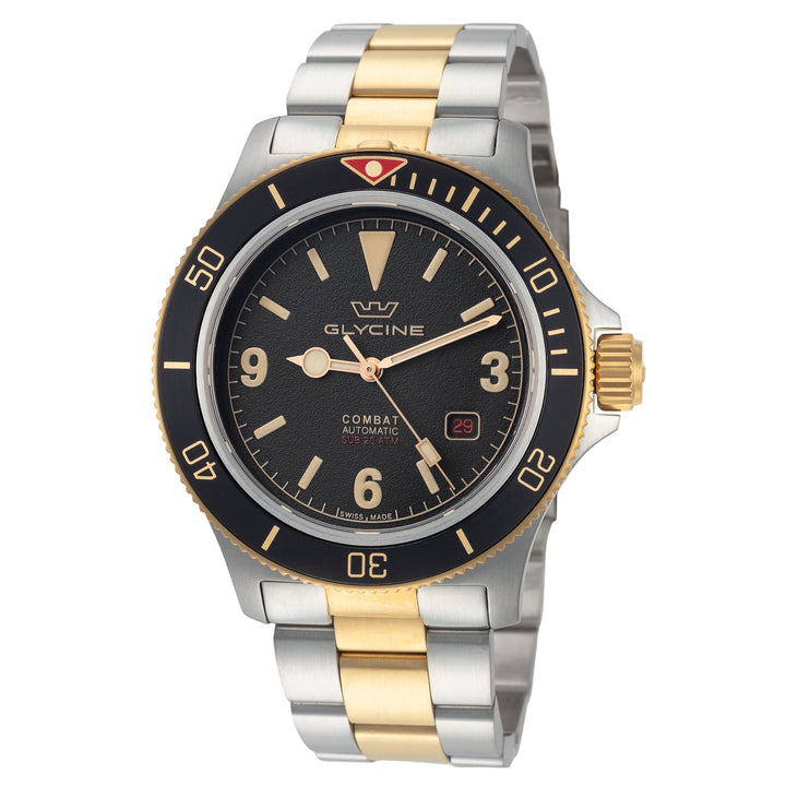 title:Glycine Men's GL0259 Combat Sub Vintage 42 42mm Automatic Watch;color:Black Dial Silver and Gold Band