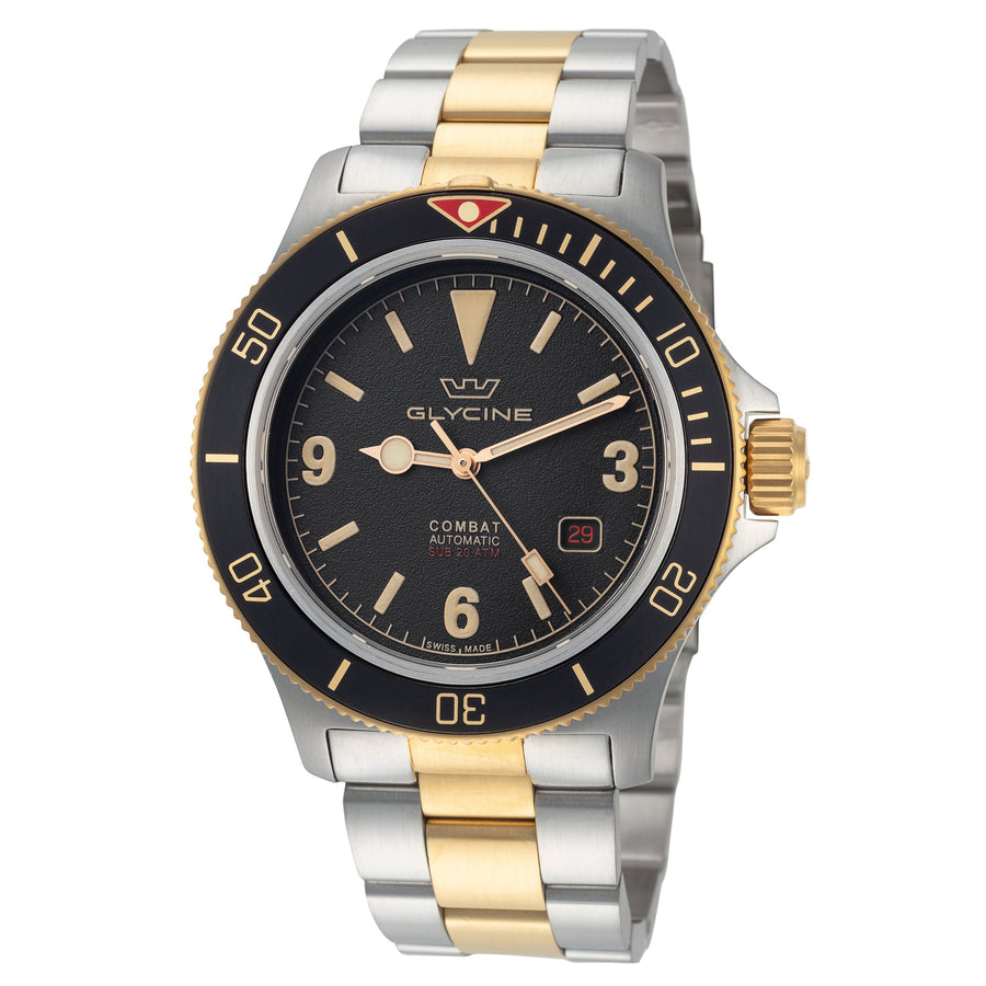 title:Glycine Men's GL0259 Combat Sub Vintage 42 42mm Automatic Watch;color:Black Dial Silver and Gold Band