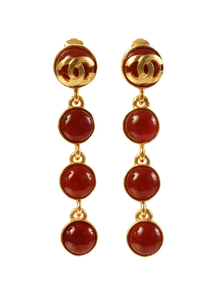 Chanel 1995 Made Gripoix Round Cc Mark Swing Earrings Gold/Red