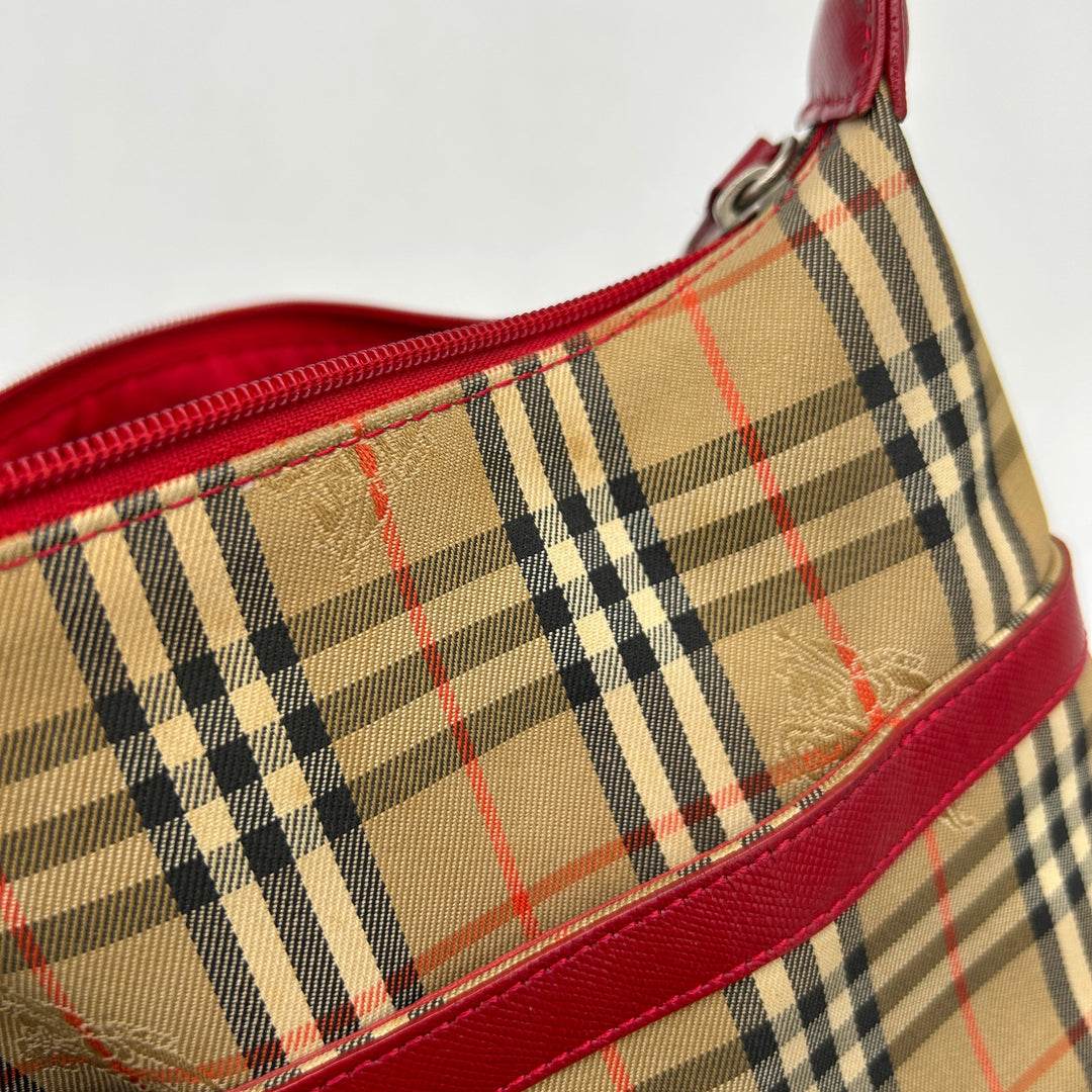 Burberry House Check Beige Red Leather Trim Handbag Medium
