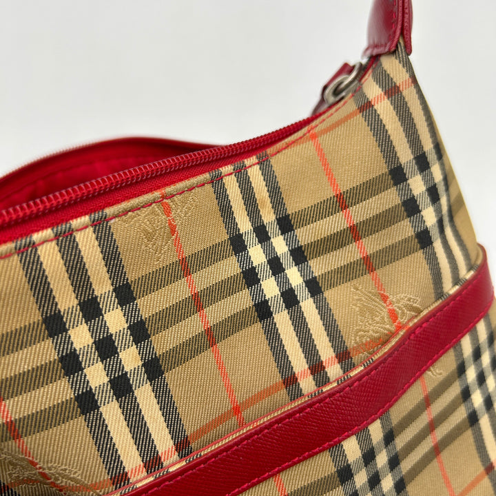 Burberry House Check Beige Red Leather Trim Handbag Medium