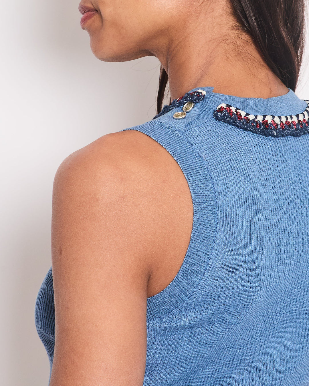 Top Quality Chanel Blue Ribbed Knit Sleeveless Top With Red, White & Blue Tweed Embroidered Trim and CC Button Detail FR 36 (UK 8)