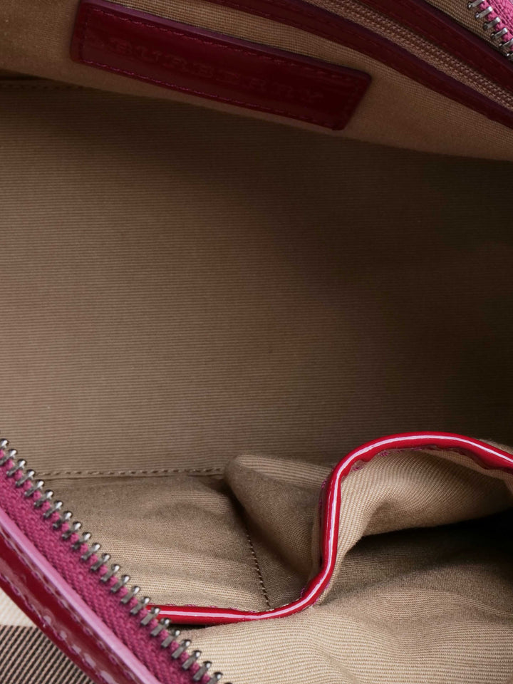 Burberry Haymarket Boston Bag with Dark Red Patent Trim.