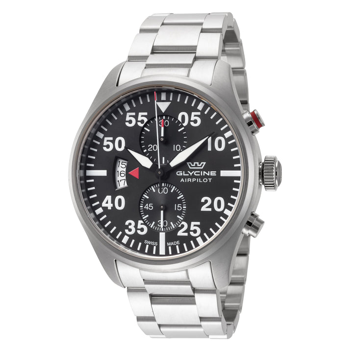 title:Glycine Men's GL0355 Airpilot Chrono 44mm Quartz Watch;color:Black Dial Silver Band