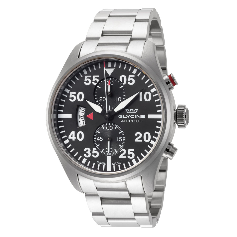 title:Glycine Men's GL0355 Airpilot Chrono 44mm Quartz Watch;color:Black Dial Silver Band