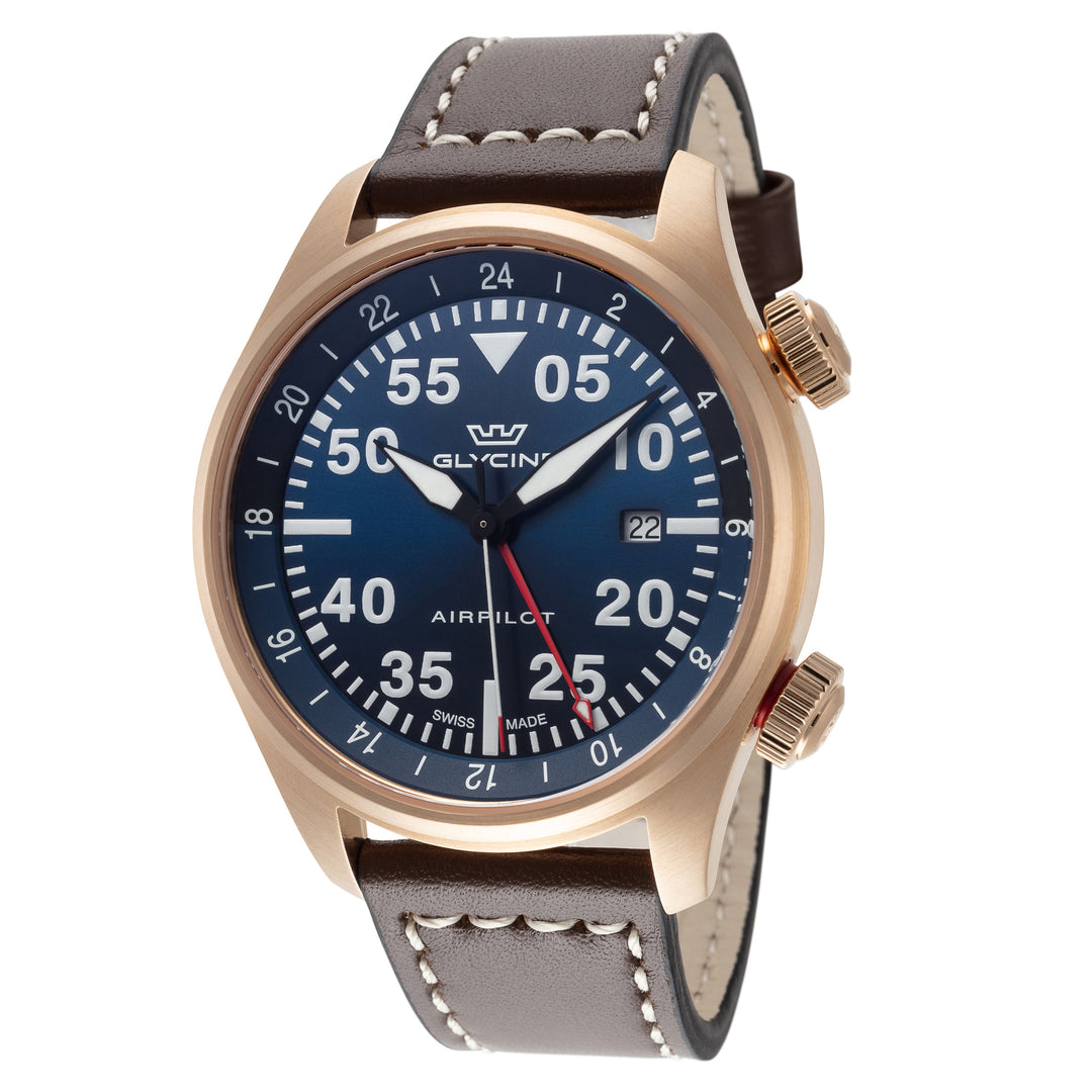 title:Glycine Men's GL0353 Airpilot GMT 44mm Blue Dial Leather Watch;color:Blue Dial Brown Band