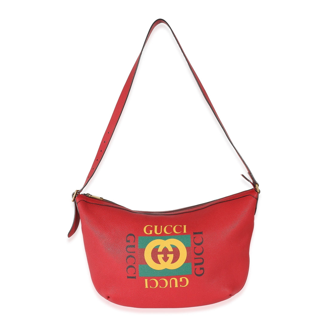 Gucci Red Grained Calfskin Logo Half Moon Hobo.