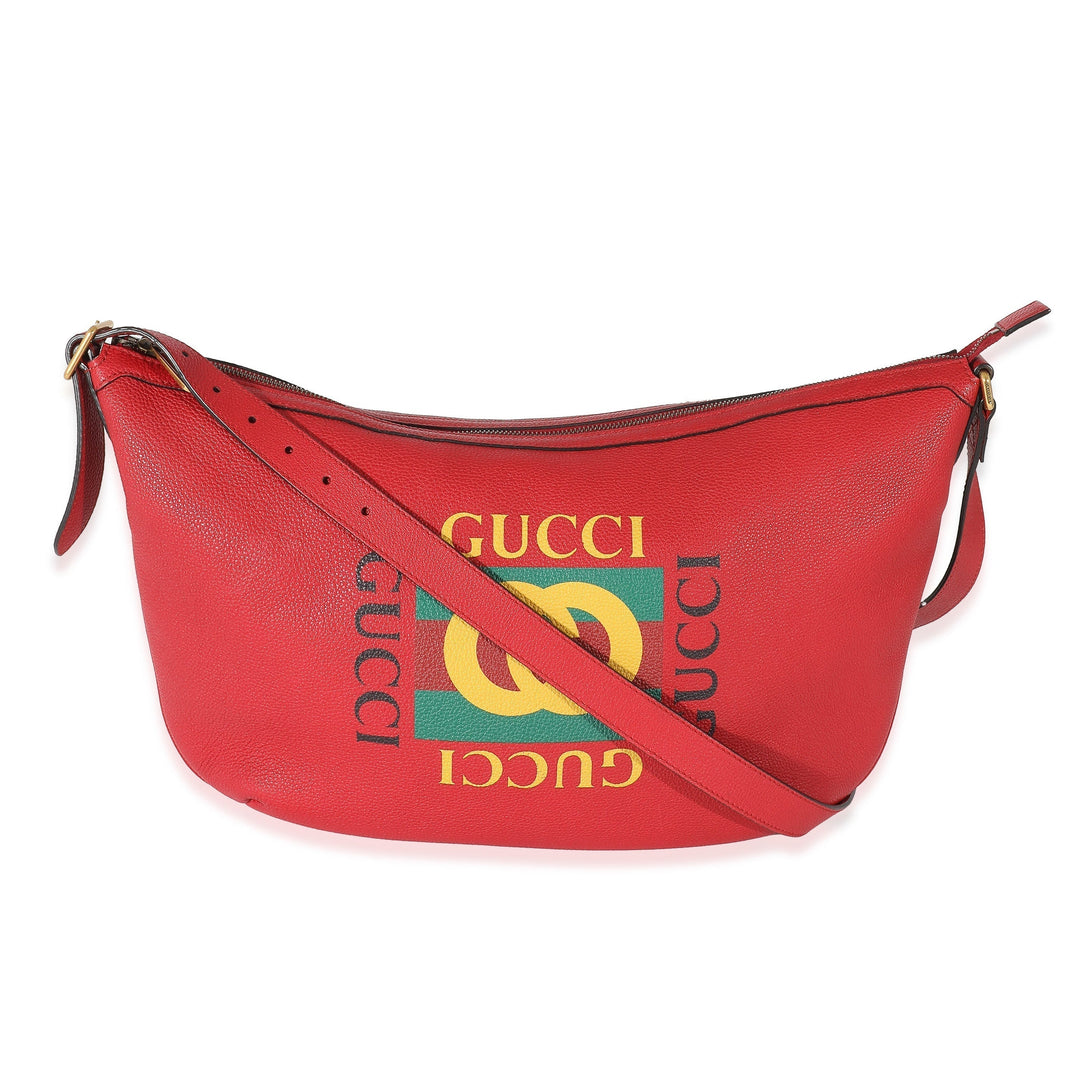 Gucci Red Grained Calfskin Logo Half Moon Hobo.