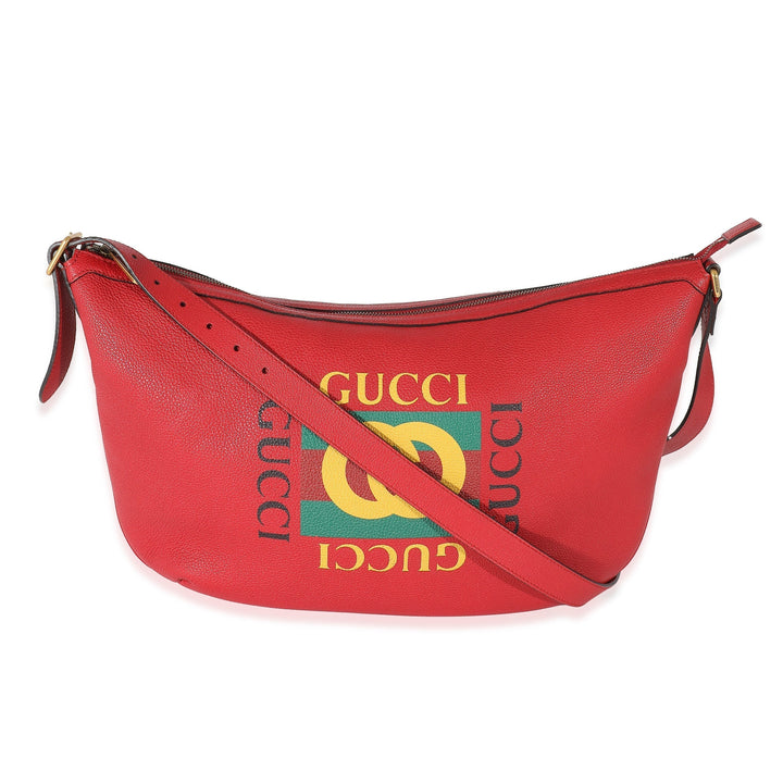 Gucci Red Grained Calfskin Logo Half Moon Hobo.