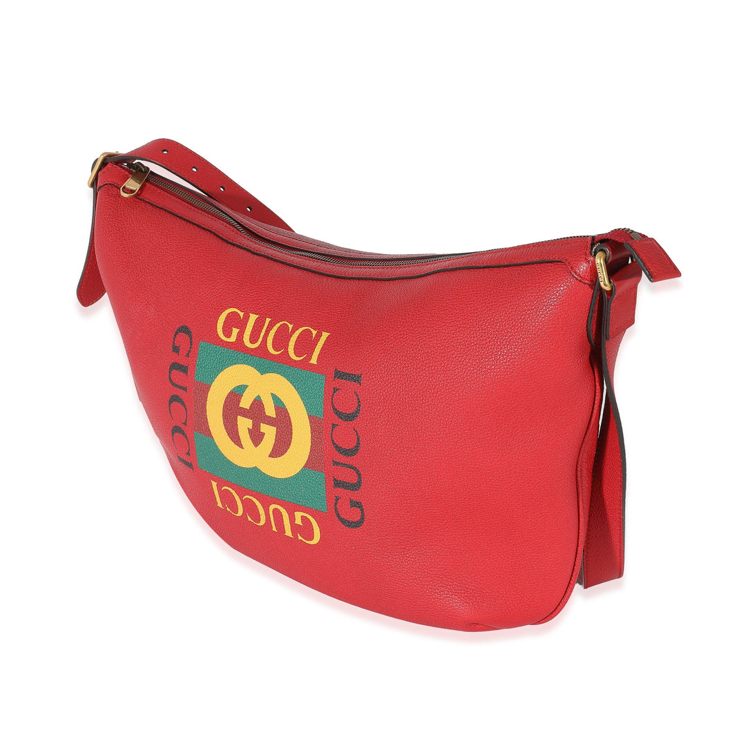 Gucci Red Grained Calfskin Logo Half Moon Hobo.