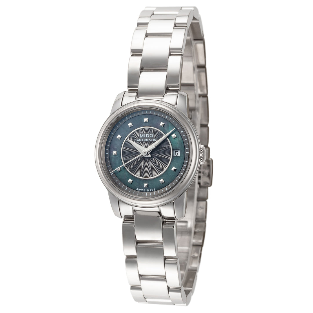 title:Mido Women's M0100071112100 Baroncelli III 25mm Automatic Watch;color:Black Dial Silver Band