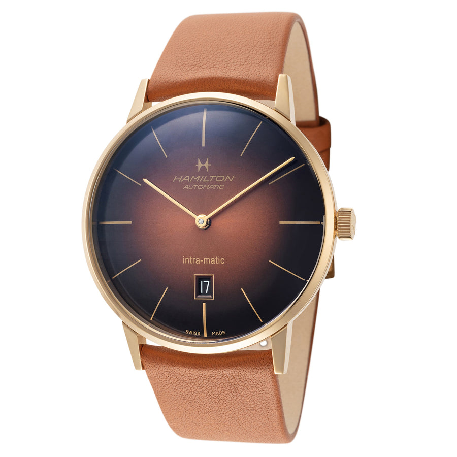 title:Hamilton Men's H38735501 Intra-Matic 42mm Brown Dial Leather Watch;color:Brown