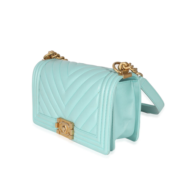 Top Quality Chanel Light Blue Chevron Lambskin Medium Boy Bag