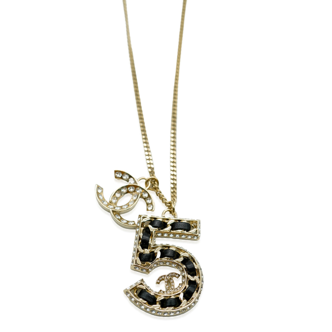 Chanel 2023 No.5 Woven Chain Pendant WIth Strass CC And Leather Gold Plated