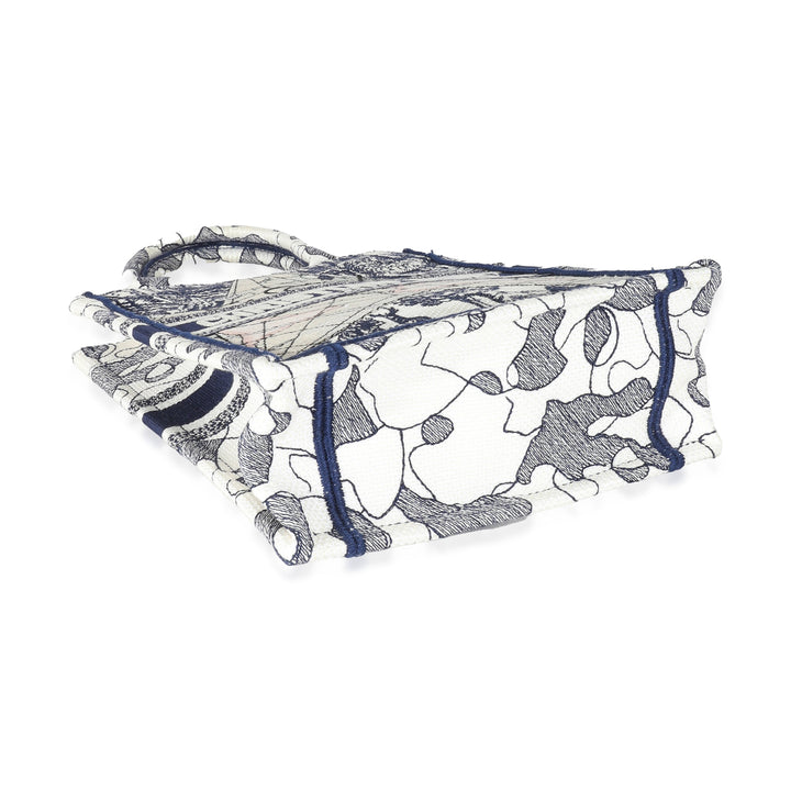 CHRISTIAN Dior Blue White Embroidered Canvas Vertical Book Tote