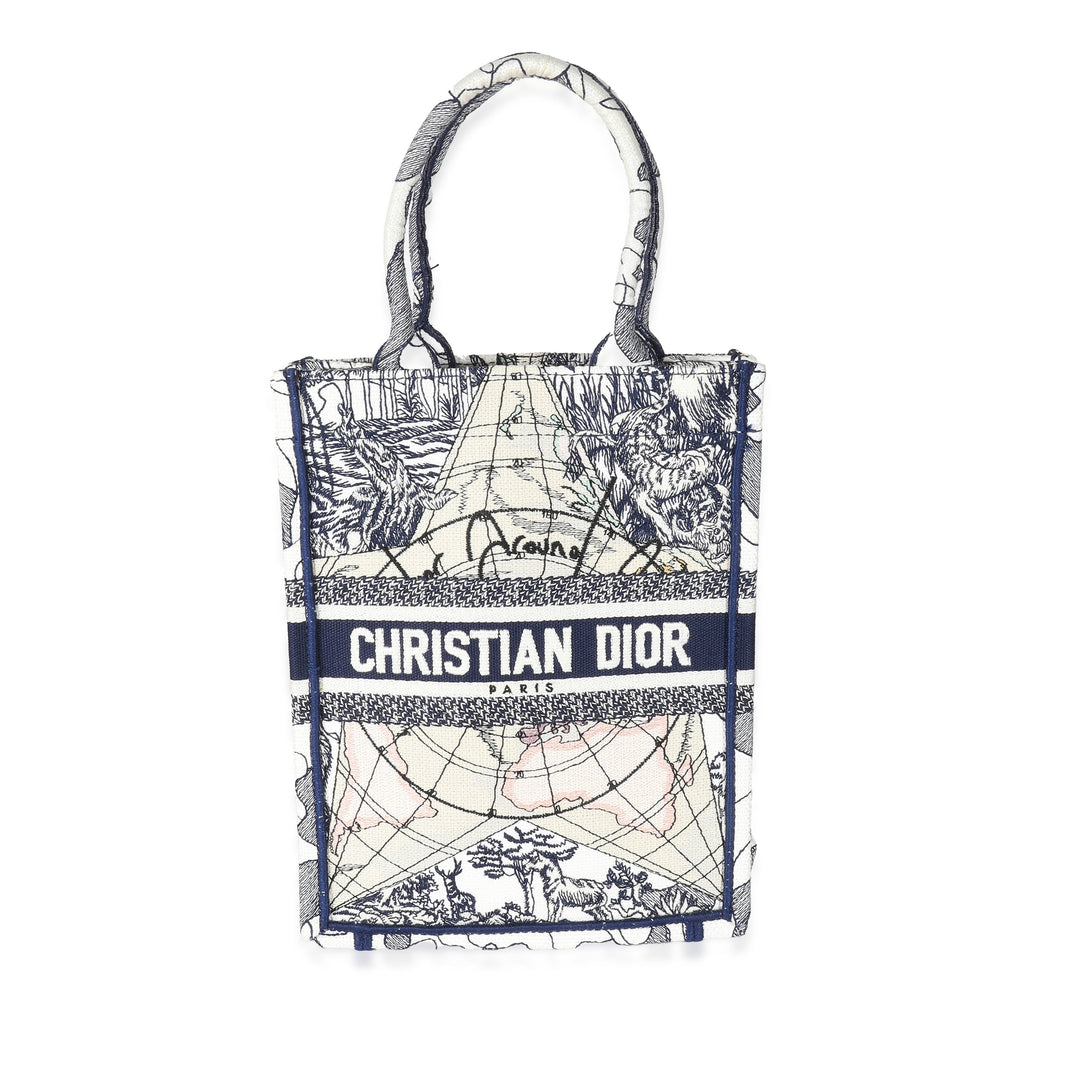 CHRISTIAN Dior Blue White Embroidered Canvas Vertical Book Tote