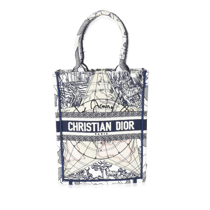 CHRISTIAN Dior Blue White Embroidered Canvas Vertical Book Tote