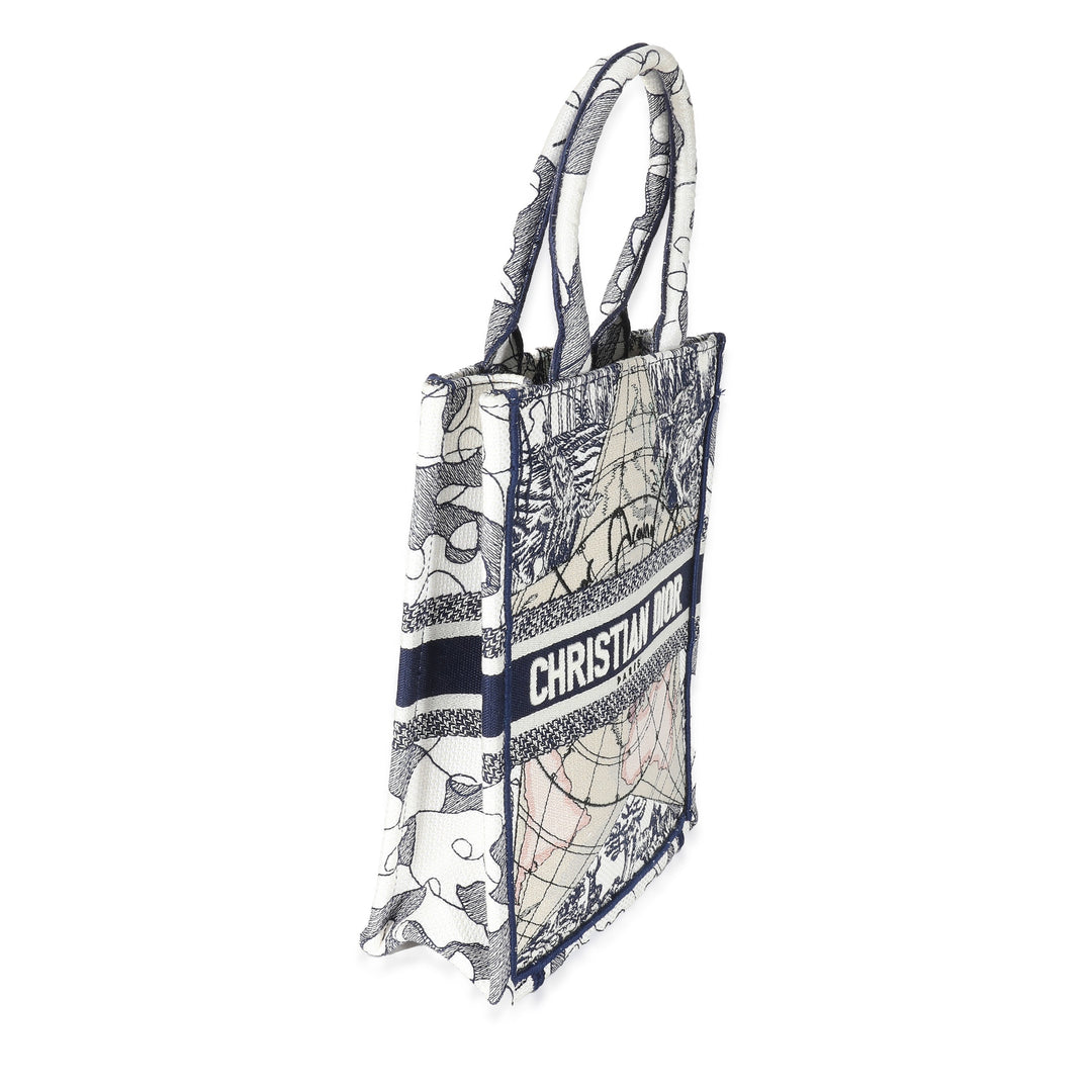 CHRISTIAN Dior Blue White Embroidered Canvas Vertical Book Tote